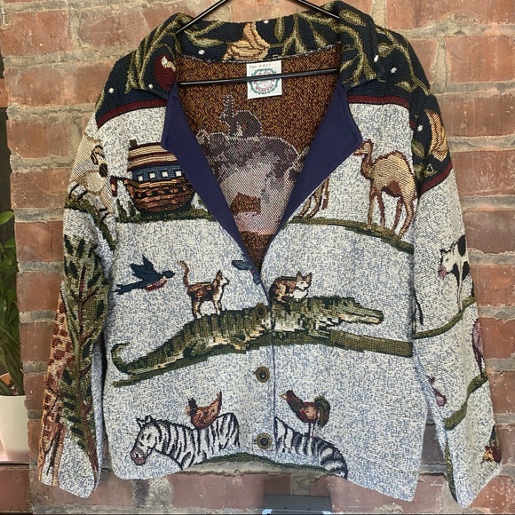 Sugar Street Weavers Sweaters - Sugar Street Weavers Vintage Sweater Jacket Noah's Ark Cats Giraffe Elephant Cow
